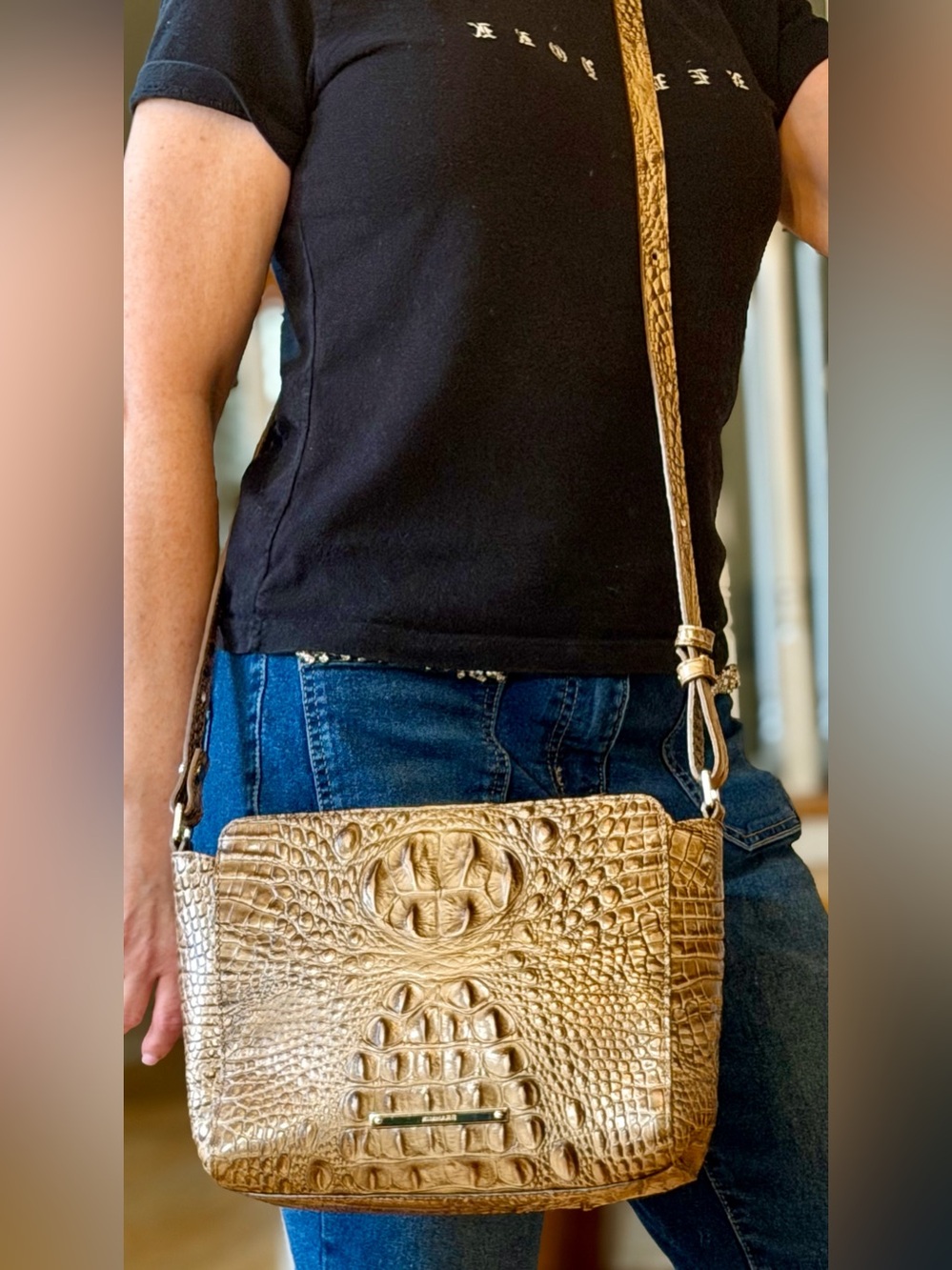 Brahmin Classic Hillary Melbourne Croc Crossbody Bag Metallic Mocha Taupe
